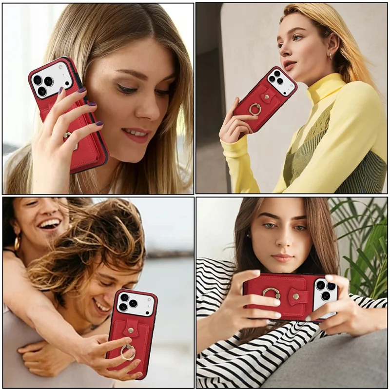 For iPhone 18 Pro / 17 Pro Case Card Holder Ring Kickstand TPU + PU Leather Phone Cover with Long Strap - Red