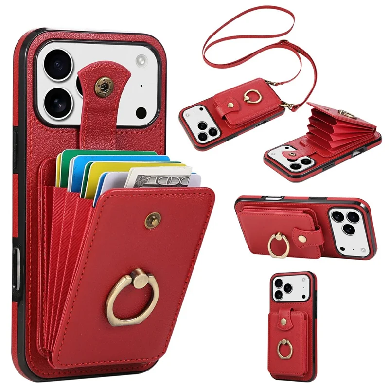 For iPhone 17 Pro Max Hoesje met Kaarthouder Ring Kickstand TPU + PU Leren Telefoonhoesje met Lange Strap - Rood