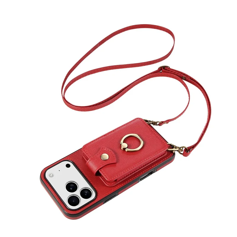 For iPhone 17 Pro Max Hoesje met Kaarthouder Ring Kickstand TPU + PU Leren Telefoonhoesje met Lange Strap - Rood