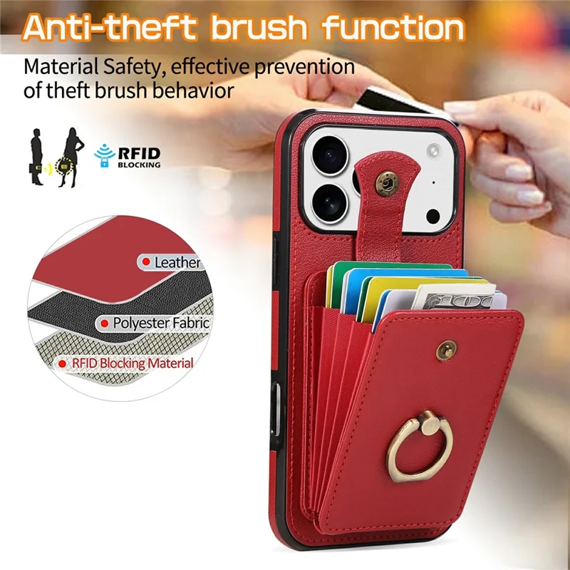 For iPhone 17 Pro Max Hoesje met Kaarthouder Ring Kickstand TPU + PU Leren Telefoonhoesje met Lange Strap - Rood