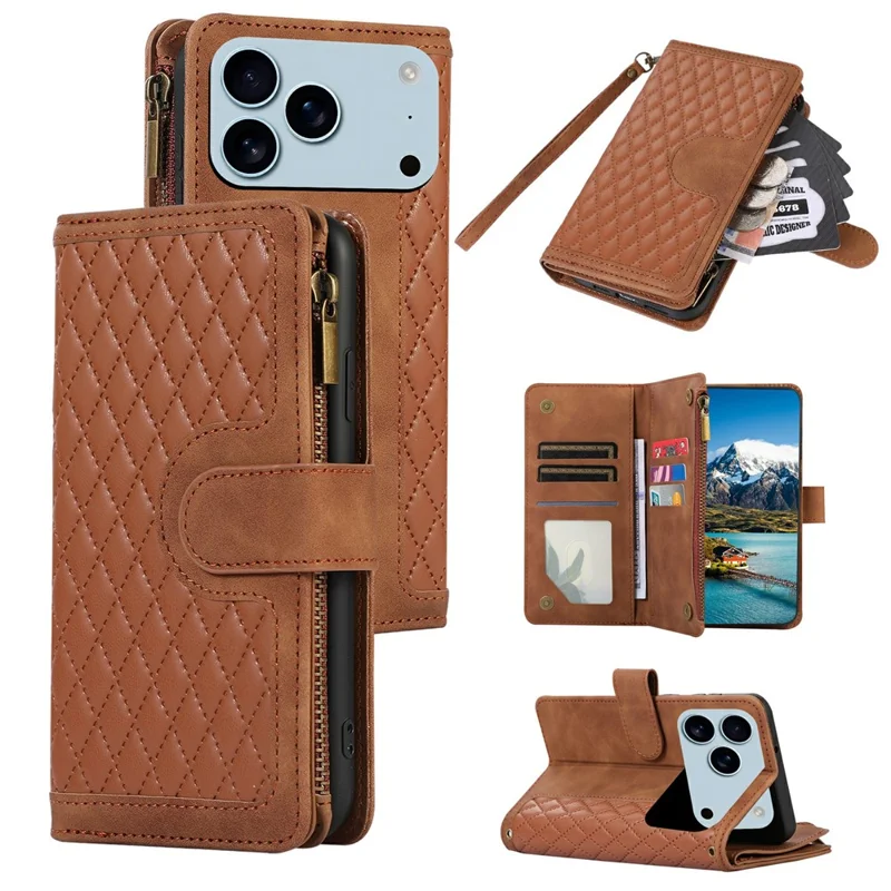 For iPhone 18 Pro / 17 Pro Case 9 Card Slots Rhombus Design Leather Phone Cover with Wrist Strap - Brown
