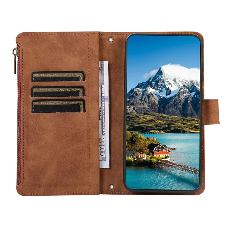 For iPhone 18 Pro / 17 Pro Case 9 Card Slots Rhombus Design Leather Phone Cover with Wrist Strap - Brown