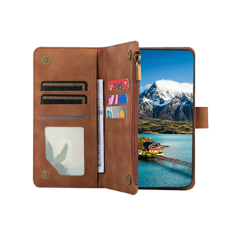 For iPhone 18 Pro / 17 Pro Case 9 Card Slots Rhombus Design Leather Phone Cover with Wrist Strap - Brown