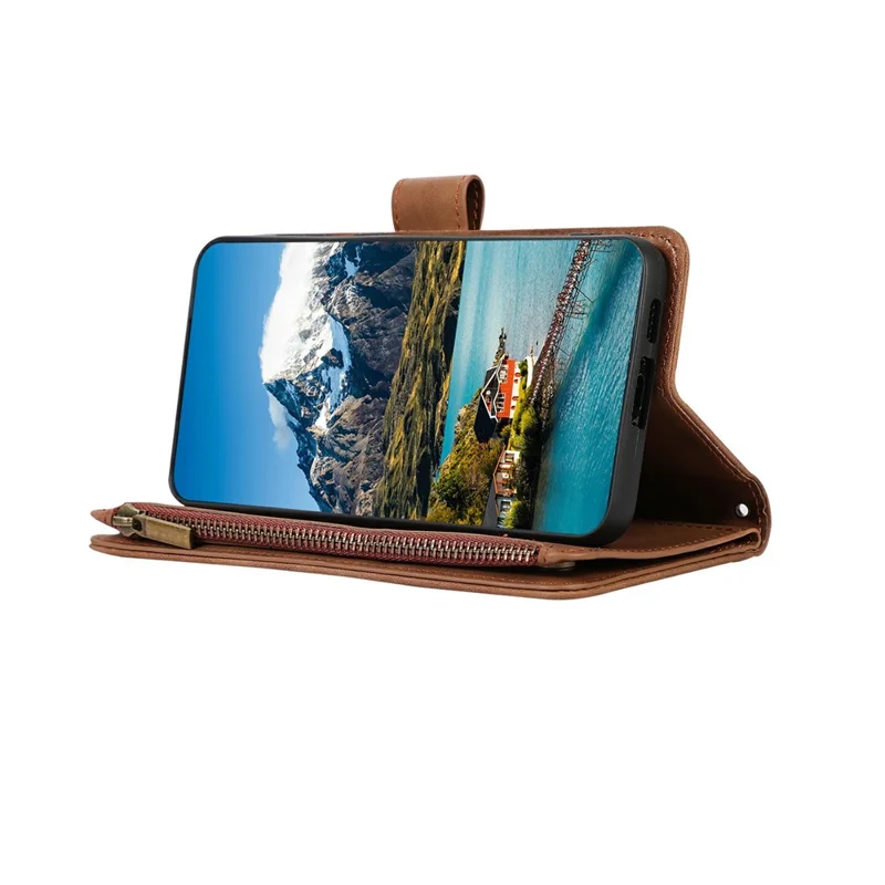 For iPhone 18 Pro / 17 Pro Case 9 Card Slots Rhombus Design Leather Phone Cover with Wrist Strap - Brown