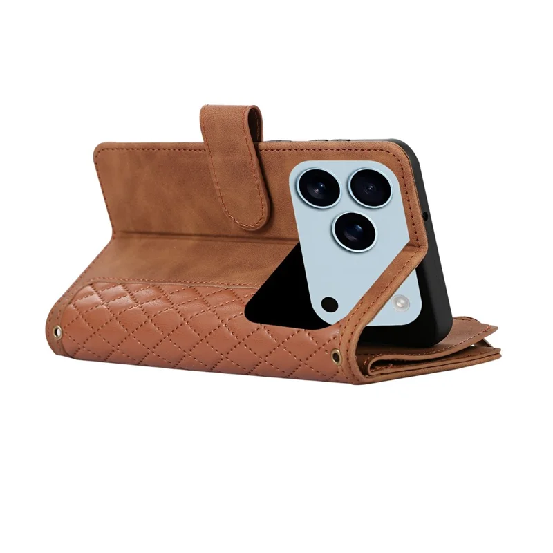 For iPhone 18 Pro / 17 Pro Case 9 Card Slots Rhombus Design Leather Phone Cover with Wrist Strap - Brown