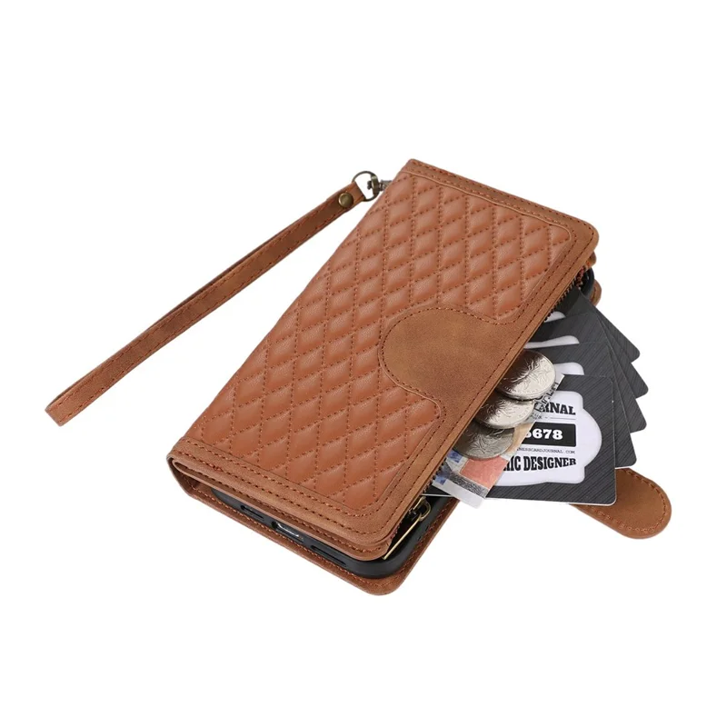For iPhone 18 Pro / 17 Pro Case 9 Card Slots Rhombus Design Leather Phone Cover with Wrist Strap - Brown
