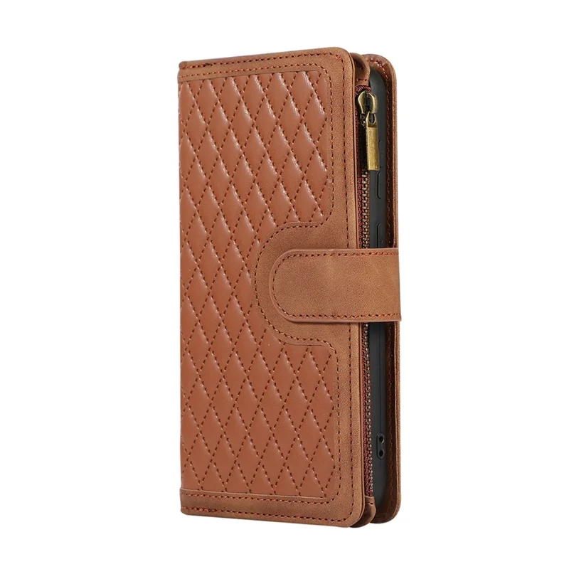 For iPhone 18 Pro / 17 Pro Case 9 Card Slots Rhombus Design Leather Phone Cover with Wrist Strap - Brown