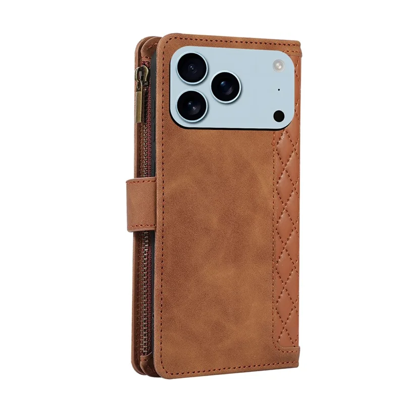 For iPhone 18 Pro / 17 Pro Case 9 Card Slots Rhombus Design Leather Phone Cover with Wrist Strap - Brown