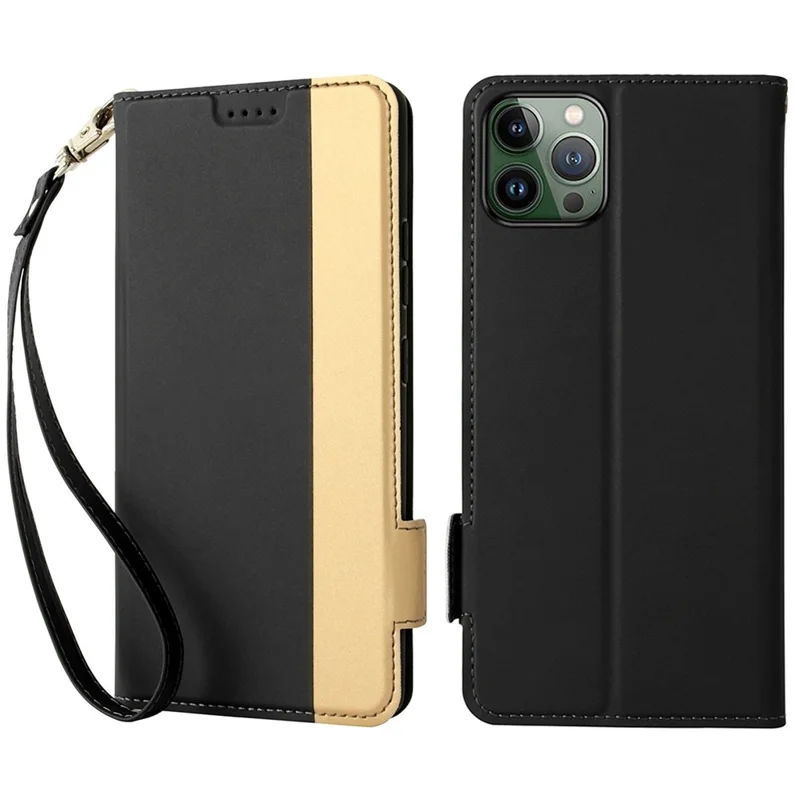 Anti-scratch PU Leather Phone Case For iPhone 14 Pro Max, Contrast Color Card Holder Magnetic Clasp Phone Cover with Stand - Black