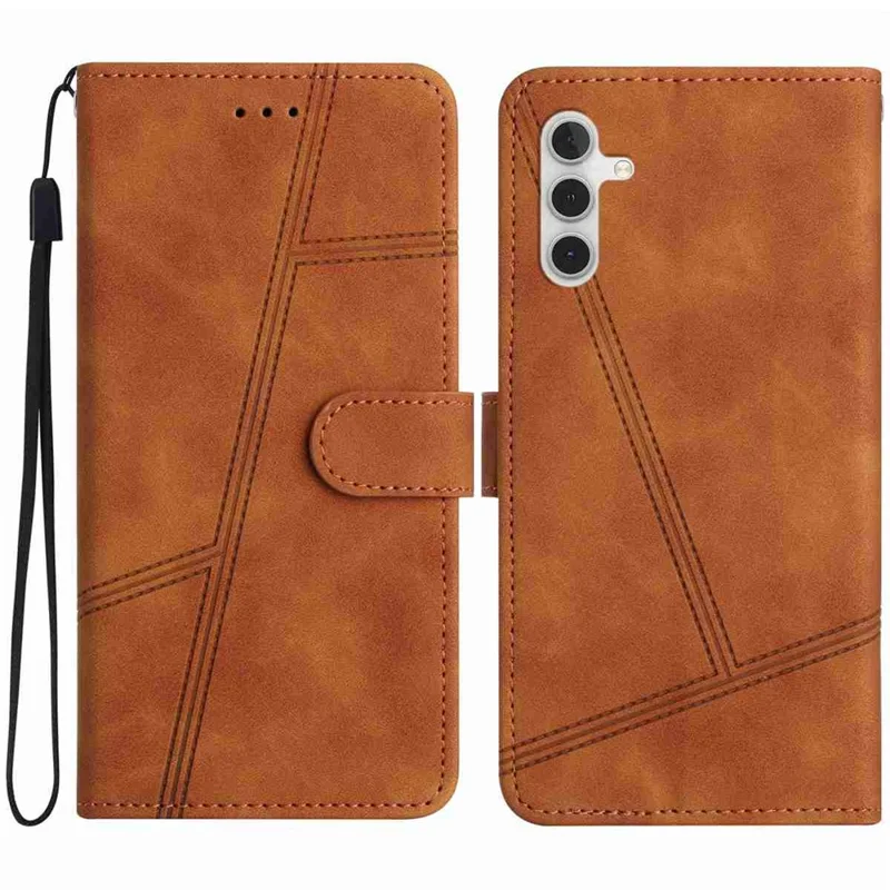 For Samsung Galaxy S25 FE Case Lines Imprinted Flip Leather Retro Phone Cover with Wrist Strap - Brown