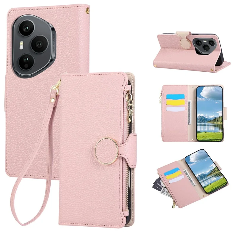 For Honor 400 Pro 5G (Global) Case Zipper Wallet Leather Phone Cover with Wrist Strap - Pink