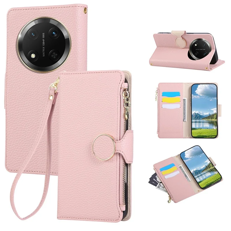 Phone Case For Honor X60 Pro 5G / X9c 5G / Magic7 Lite 5G Zipper Wallet Leather Cover with Wrist Strap - Pink