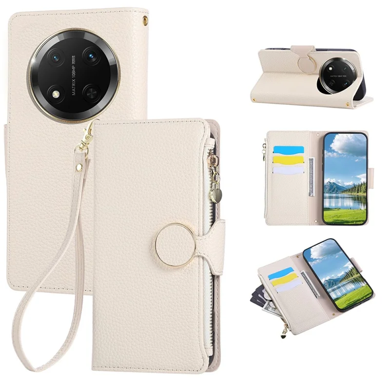 Phone Case For Honor X60 Pro 5G / X9c 5G / Magic7 Lite 5G Zipper Wallet Leather Cover with Wrist Strap - Beige