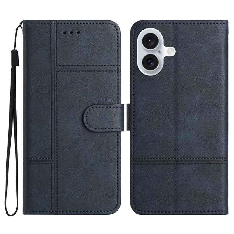 For iPhone 17 Wallet Case Line Imprinted Cowhide Texture PU Leather Phone Cover - Blue