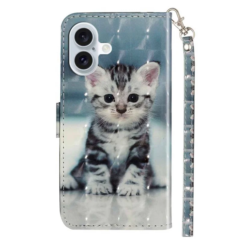 For iPhone 17 Wallet Case 3D Pattern Printed Leather Phone Cover with Strap - Cat