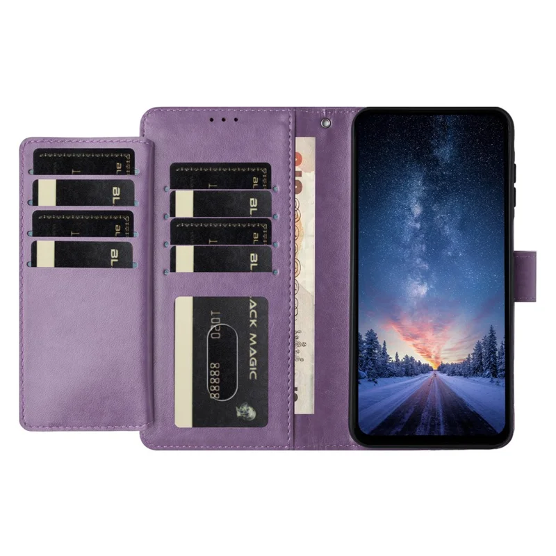 For iPhone 17 Pro Wallet Phone Case Stand PU Leather Folio Flip Cover with 8 Card Slot - Purple