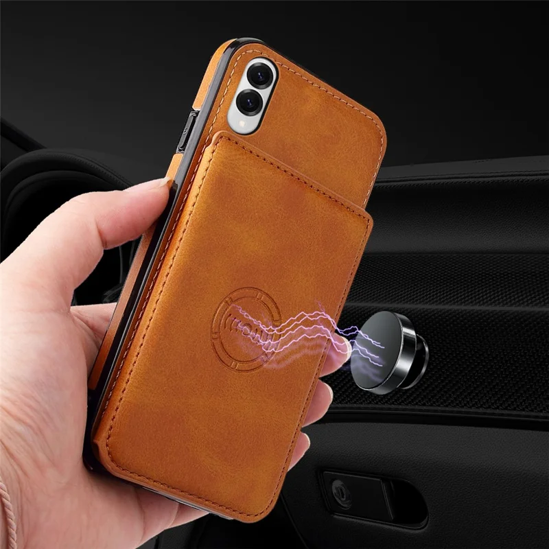 Für Samsung Galaxy S25 Edge Hülle mit Kartenhalter und Ständer, PU-Leder + TPU Handyhülle - Braun
