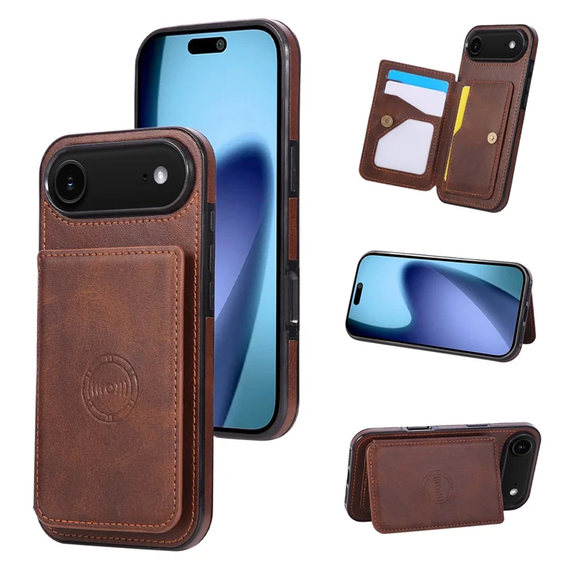 For iPhone Air Case Card Holder Kickstand PU Leather + TPU Phone Cover - Coffee