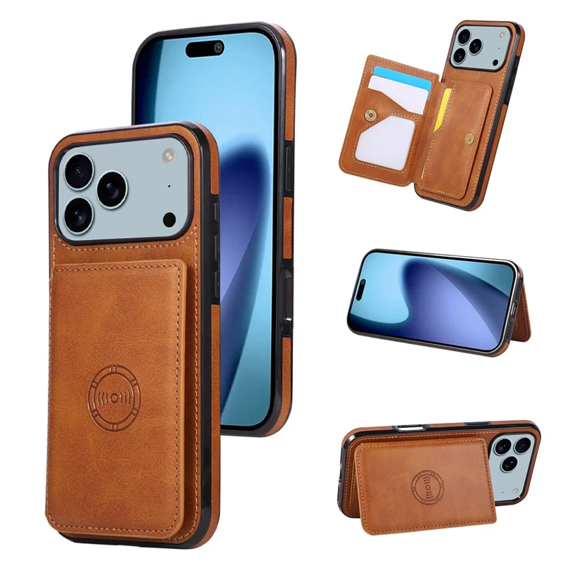 For iPhone 18 Pro Max / 17 Pro Max Case Card Holder Kickstand PU Leather + TPU Phone Cover - Brown