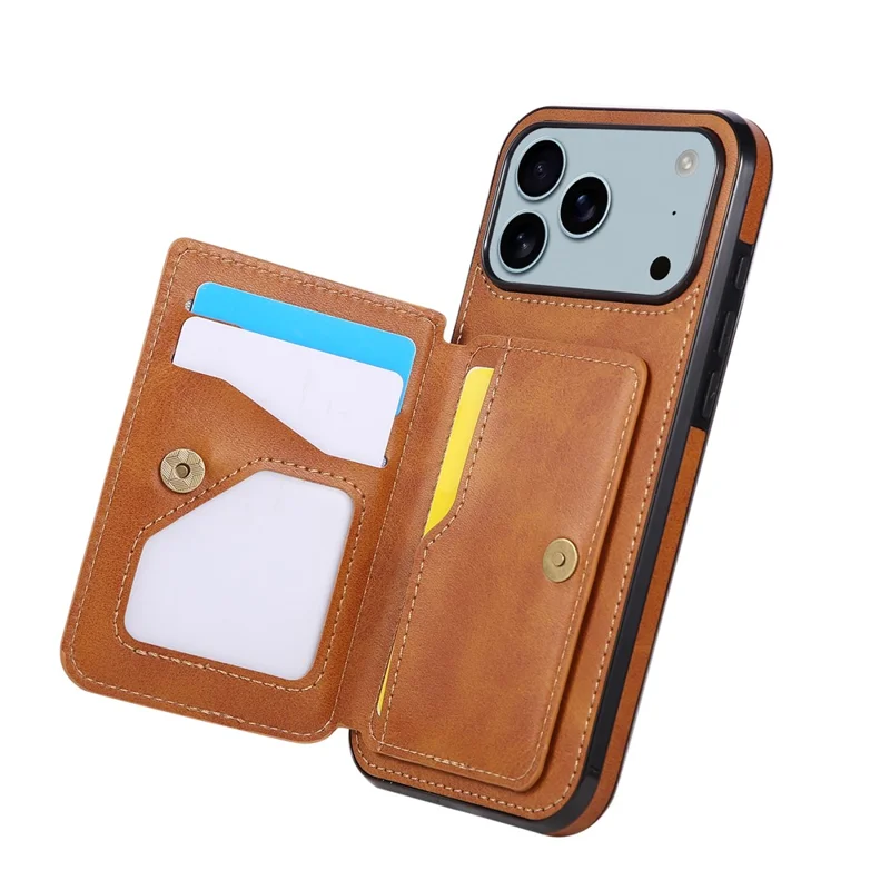 For iPhone 18 Pro Max / 17 Pro Max Case Card Holder Kickstand PU Leather + TPU Phone Cover - Brown