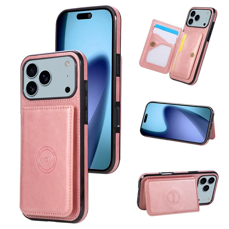 Voor iPhone 17 Pro Max hoesje met kaarthouder en standaard PU-leer + TPU telefoonhoes - Roze goud