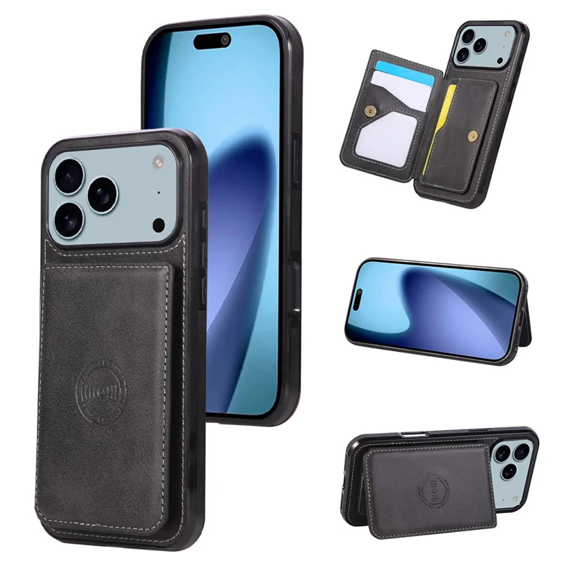 For iPhone 18 Pro / 17 Pro Case Card Holder Kickstand PU Leather + TPU Phone Cover - Black