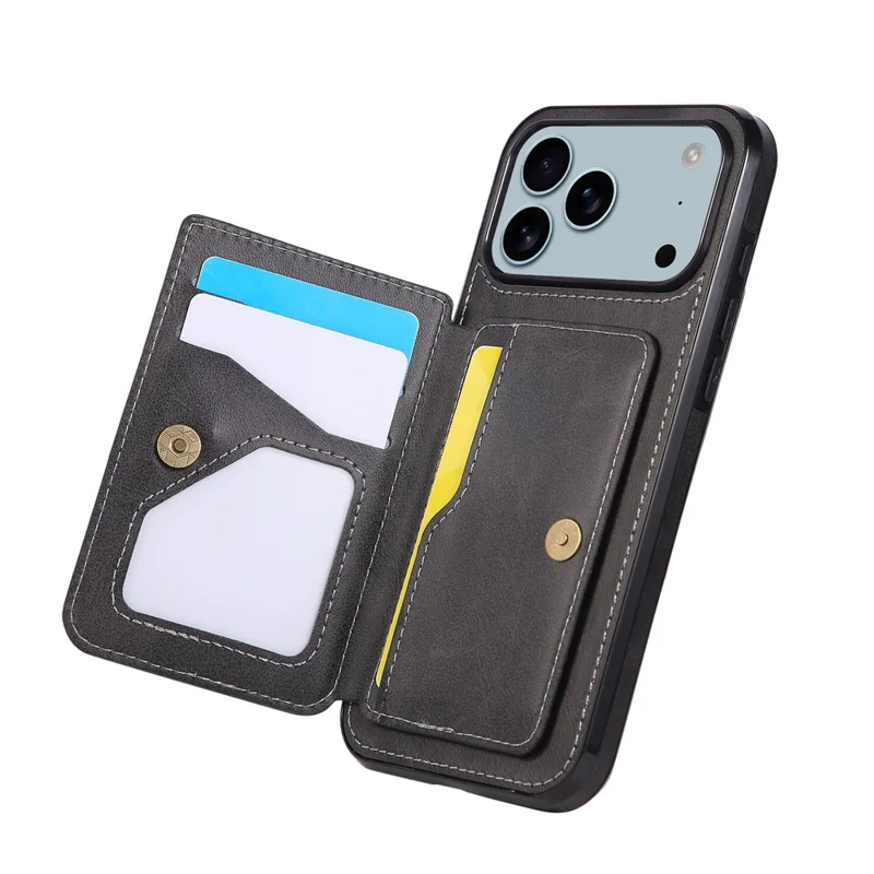 For iPhone 18 Pro / 17 Pro Case Card Holder Kickstand PU Leather + TPU Phone Cover - Black