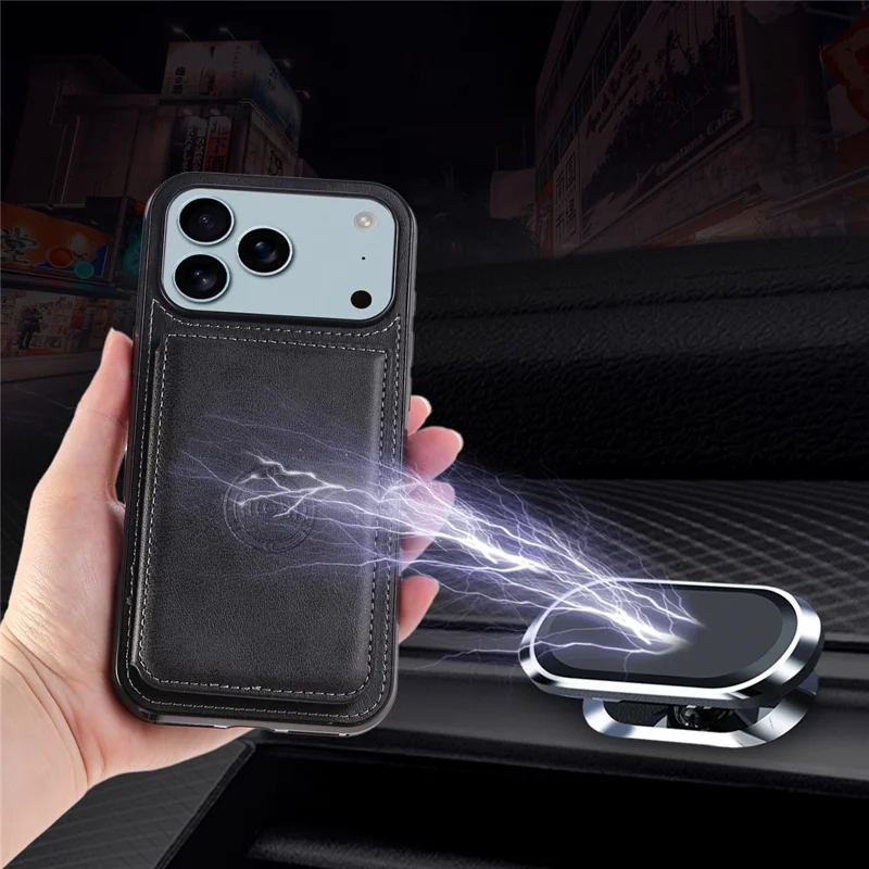 For iPhone 18 Pro / 17 Pro Case Card Holder Kickstand PU Leather + TPU Phone Cover - Black
