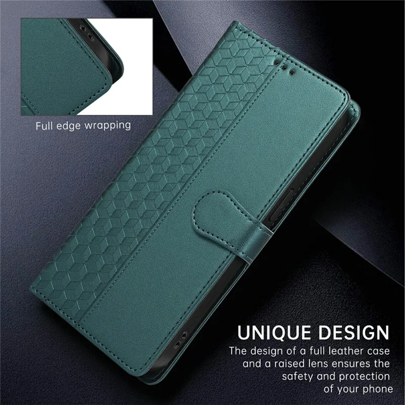 For iPhone 16 Case 3D Rhombus Grid Imprinted Wallet Leather Phone Cover with Lanyard - Green