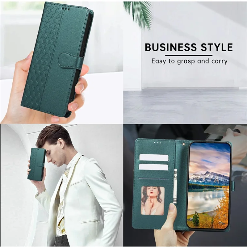 For iPhone 16 Case 3D Rhombus Grid Imprinted Wallet Leather Phone Cover with Lanyard - Green