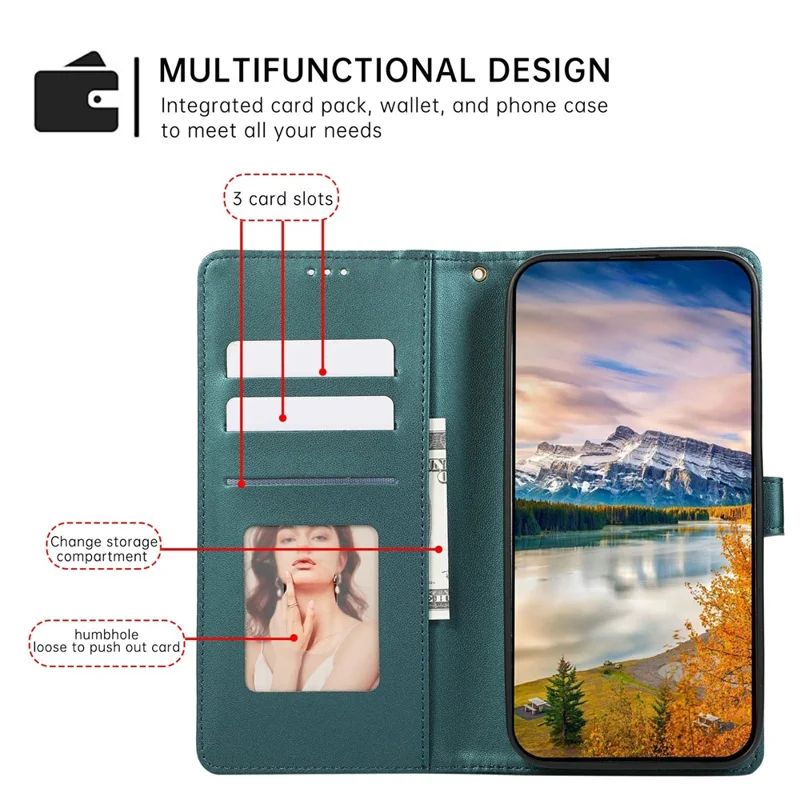 For iPhone 16 Case 3D Rhombus Grid Imprinted Wallet Leather Phone Cover with Lanyard - Green