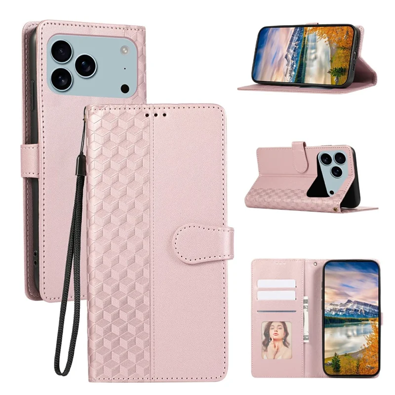 Capa de Couro para iPhone 17 Pro Max com Grade de Losango 3D, Carteira e Cordão - Dourado Rosé