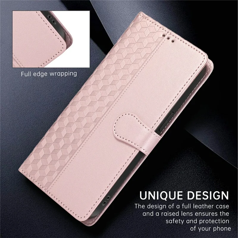 Capa de Couro para iPhone 17 Pro Max com Grade de Losango 3D, Carteira e Cordão - Dourado Rosé