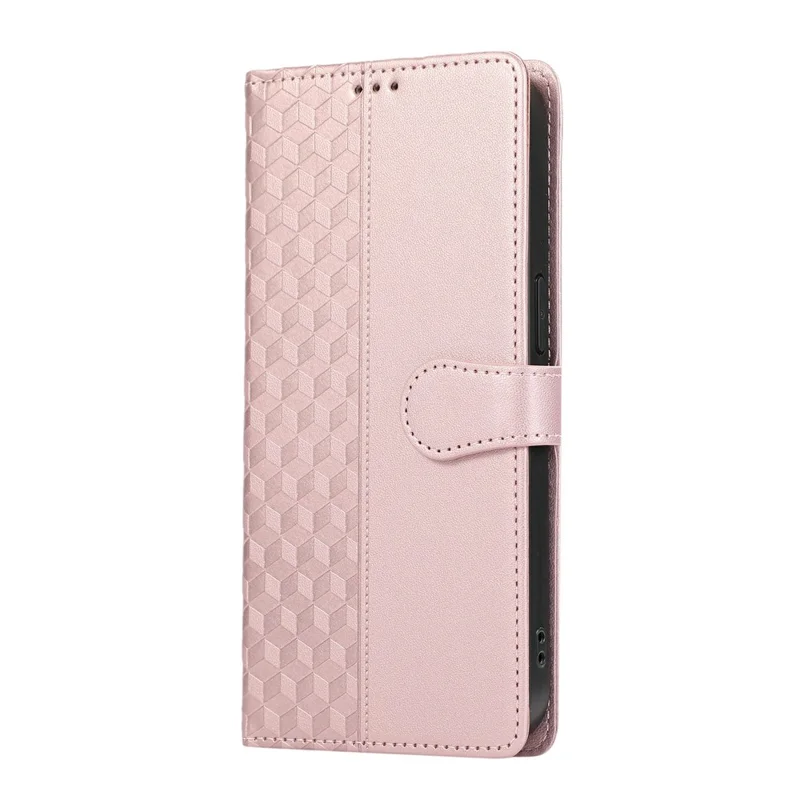 Capa de Couro para iPhone 17 Pro Max com Grade de Losango 3D, Carteira e Cordão - Dourado Rosé