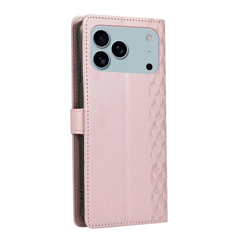 Capa de Couro para iPhone 17 Pro Max com Grade de Losango 3D, Carteira e Cordão - Dourado Rosé