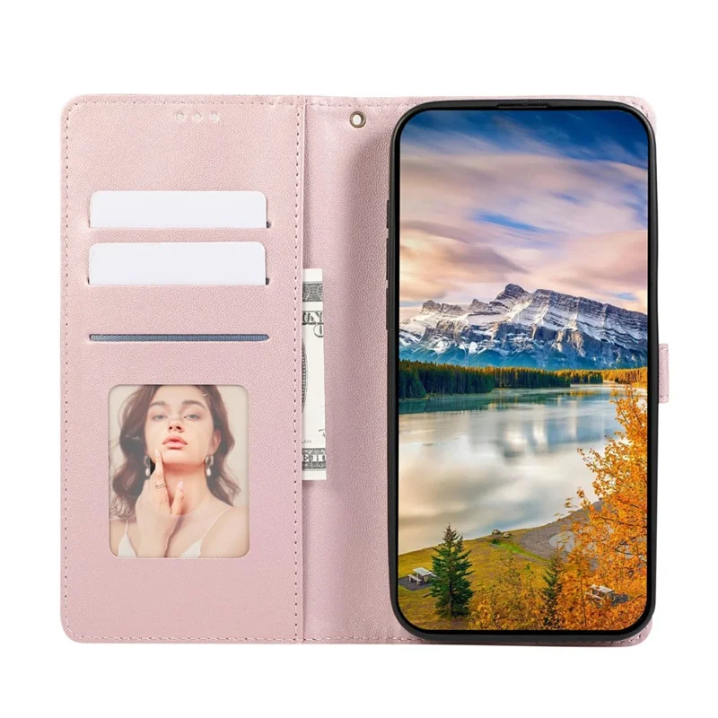 Capa de Couro para iPhone 17 Pro Max com Grade de Losango 3D, Carteira e Cordão - Dourado Rosé