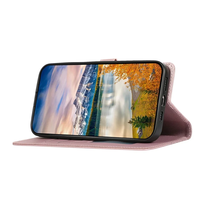 Capa de Couro para iPhone 17 Pro Max com Grade de Losango 3D, Carteira e Cordão - Dourado Rosé