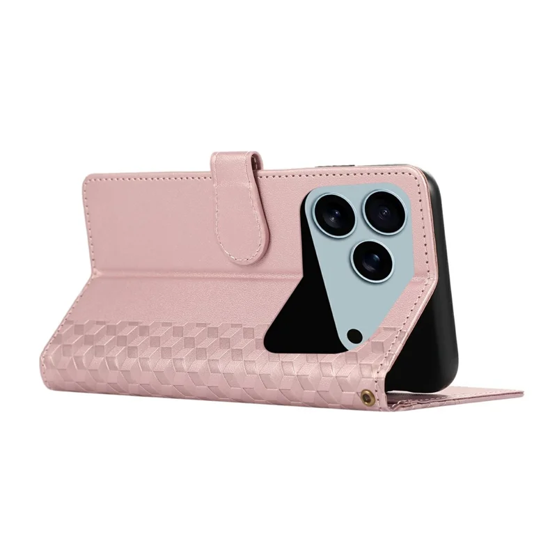 Capa de Couro para iPhone 17 Pro Max com Grade de Losango 3D, Carteira e Cordão - Dourado Rosé