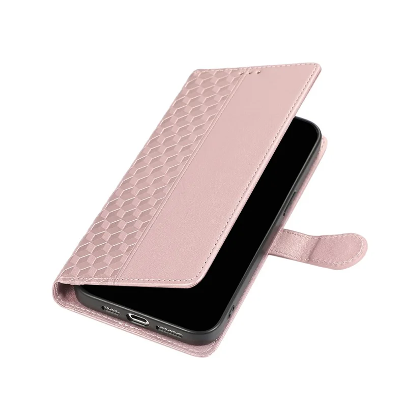 Capa de Couro para iPhone 17 Pro Max com Grade de Losango 3D, Carteira e Cordão - Dourado Rosé