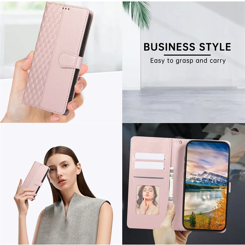 Capa de Couro para iPhone 17 Pro Max com Grade de Losango 3D, Carteira e Cordão - Dourado Rosé