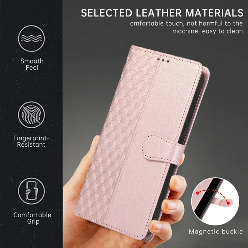 Capa de Couro para iPhone 17 Pro Max com Grade de Losango 3D, Carteira e Cordão - Dourado Rosé