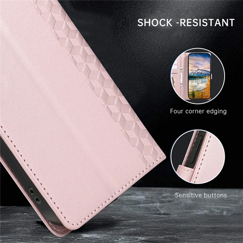 Capa de Couro para iPhone 17 Pro Max com Grade de Losango 3D, Carteira e Cordão - Dourado Rosé