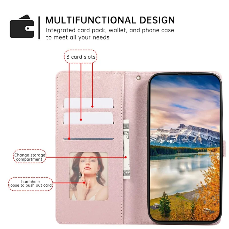 Capa de Couro para iPhone 17 Pro Max com Grade de Losango 3D, Carteira e Cordão - Dourado Rosé