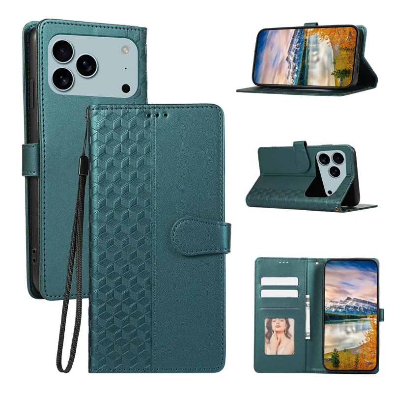 For iPhone 18 Pro / 17 Pro Case 3D Rhombus Grid Imprinted Wallet Leather Phone Cover with Lanyard - Green