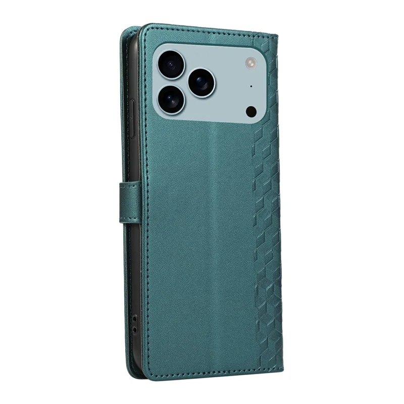 For iPhone 18 Pro / 17 Pro Case 3D Rhombus Grid Imprinted Wallet Leather Phone Cover with Lanyard - Green