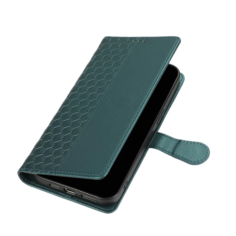 For iPhone 18 Pro / 17 Pro Case 3D Rhombus Grid Imprinted Wallet Leather Phone Cover with Lanyard - Green