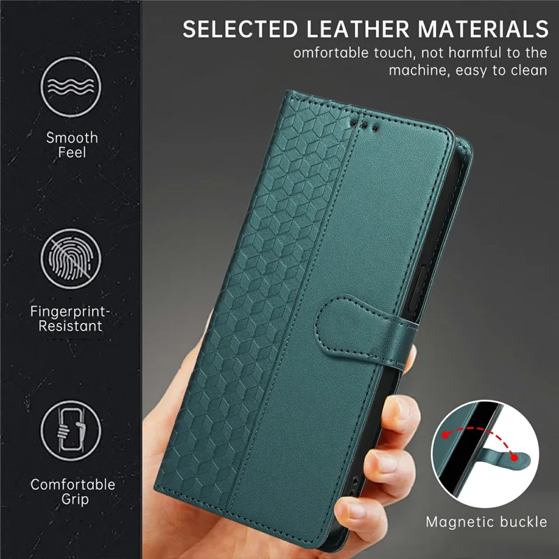 For iPhone 17 Case 3D Rhombus Grid Imprinted Wallet Leather Phone Cover with Lanyard - Green