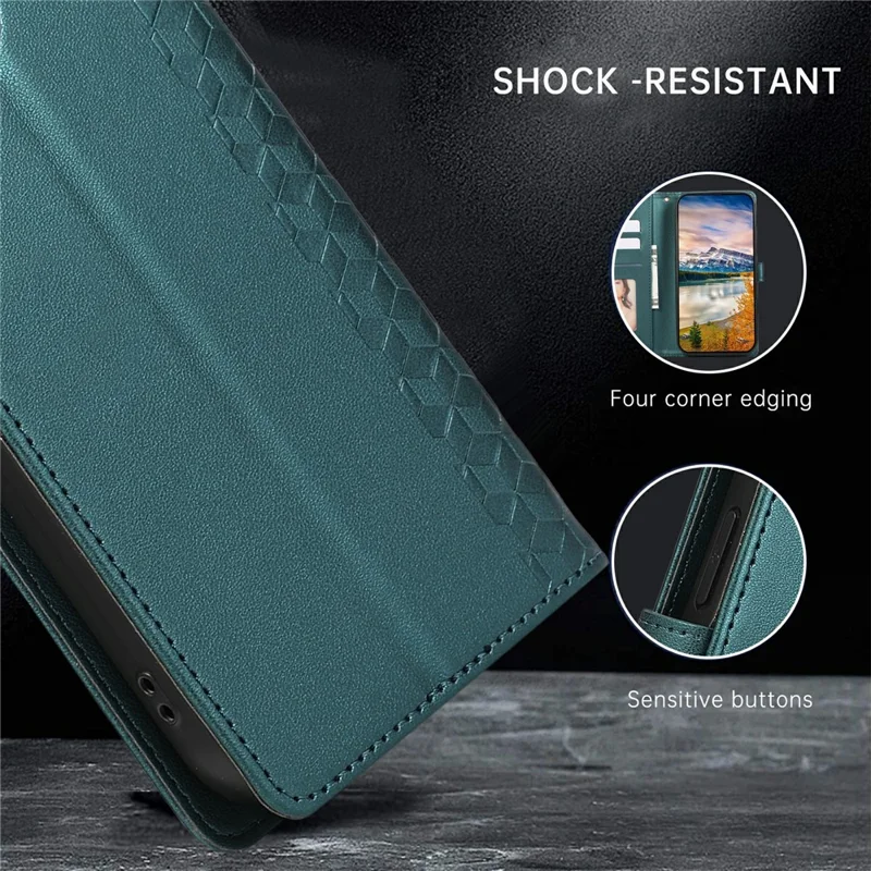 For iPhone 17 Case 3D Rhombus Grid Imprinted Wallet Leather Phone Cover with Lanyard - Green