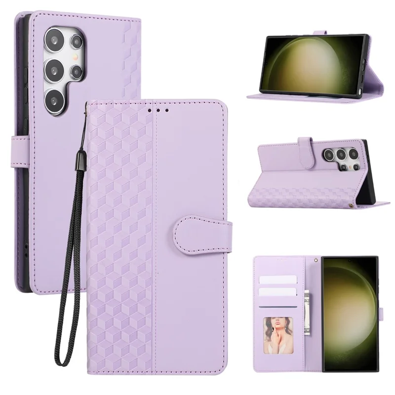 Étui en cuir pour Samsung Galaxy S24 Ultra avec motif en losange 3D, pochette et dragonne - Violet