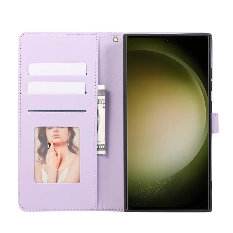 Étui en cuir pour Samsung Galaxy S24 Ultra avec motif en losange 3D, pochette et dragonne - Violet